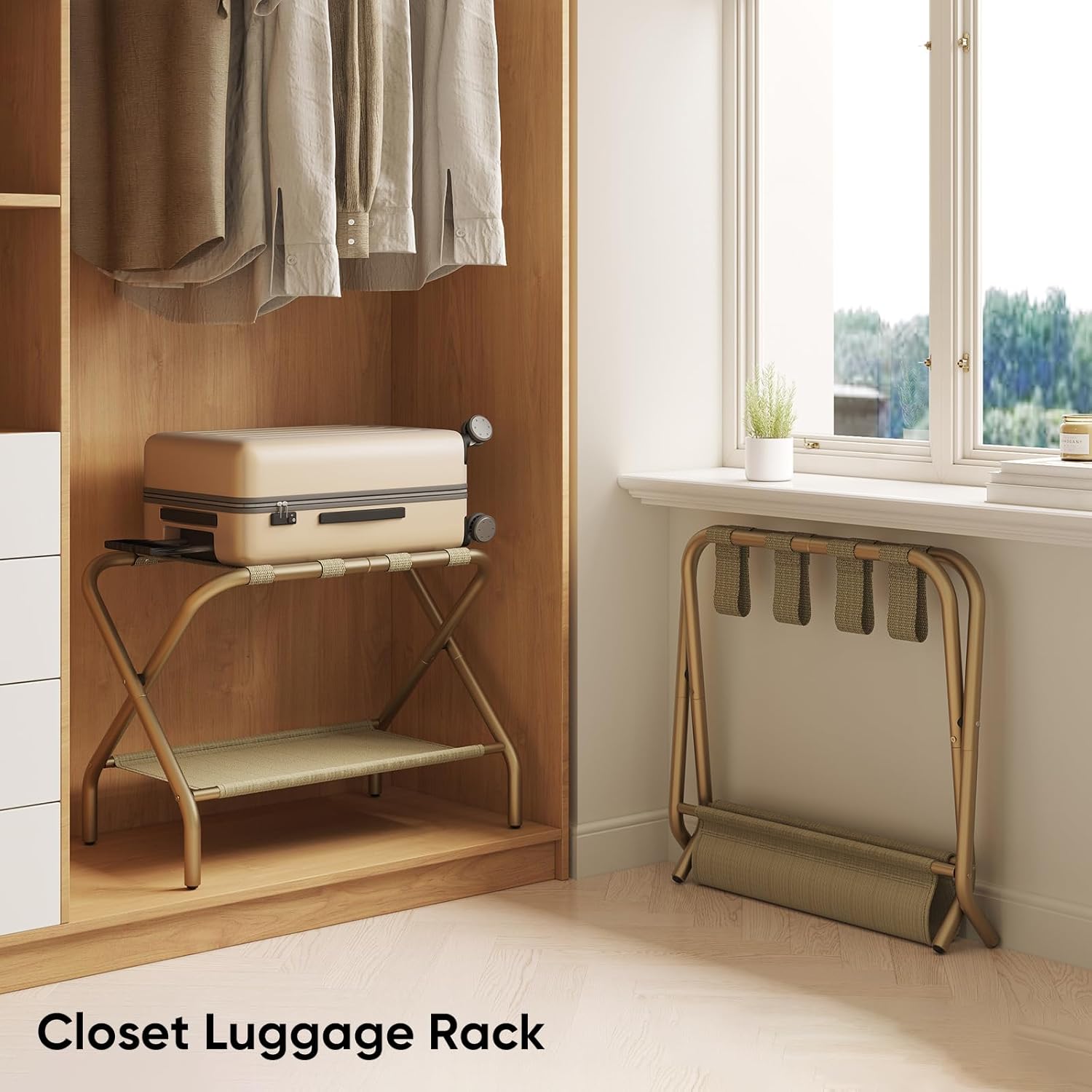 Smart FENDEE Luggage Rack for Guest Room, Folding Suitcase Stand with Shoe Shelf, Easy Assembly, Portable, Hold up to 110 lb, Gold, 1 Pack
