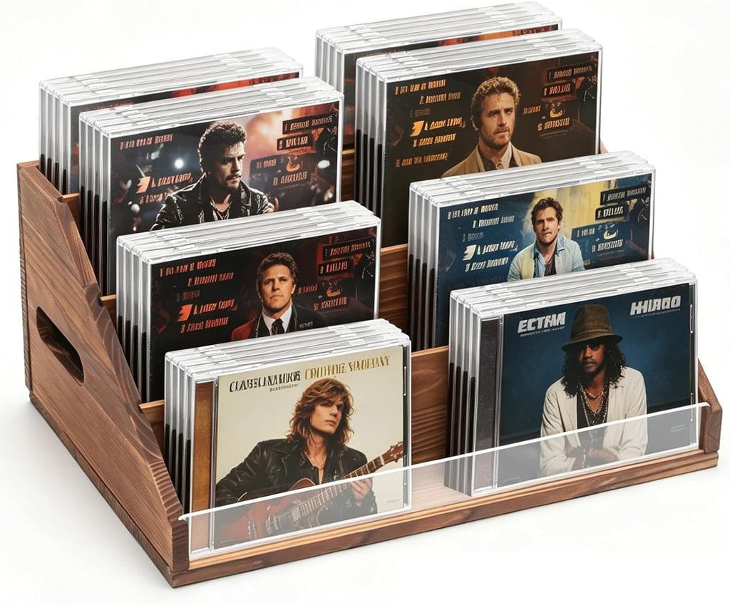 Rustic Wood CD Display Stand（Organizer 32 CDs）, 4-Tiered Tabletop CD Rack Storage Shelf Holds for CD Collection, Brown, Retro