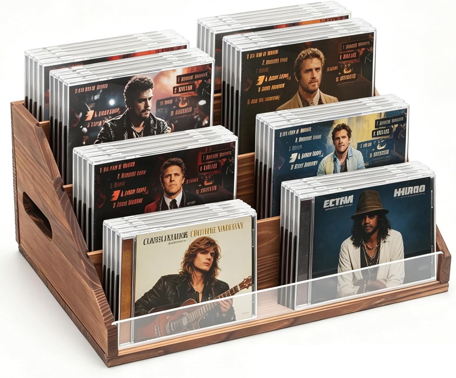 Rustic Wood CD Display Stand（Organizer 32 CDs）, 4-Tiered Tabletop CD Rack Storage Shelf Holds for CD Collection, Brown, Retro