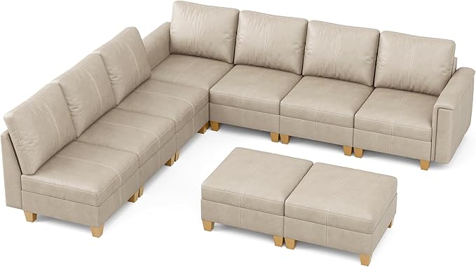 SITJOY 118" Faux Leather Modular Sectional Sofa with Storage, Mid Century Modern Sectional Couches for Living Room, Soft Padded Armrests, 9 Seat L Shaped Couch with Ottoman, Greige