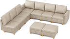 SITJOY 118" Faux Leather Modular Sectional Sofa with Storage, Mid Century Modern Sectional Couches for Living Room, Soft Padded Armrests, 9 Seat L Shaped Couch with Ottoman, Greige