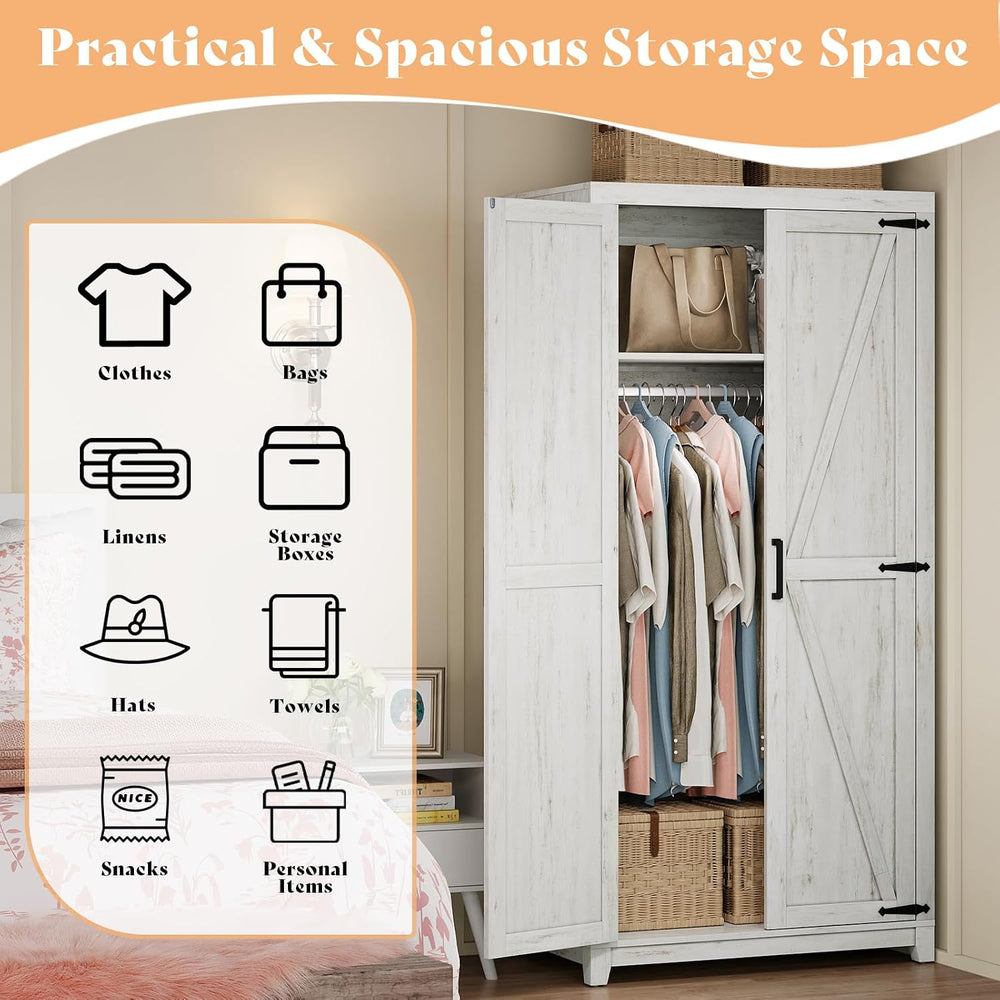 AMERLIFE 71" Farmhouse Wardrobe Closet with Hanging Rod & Barn Doors...