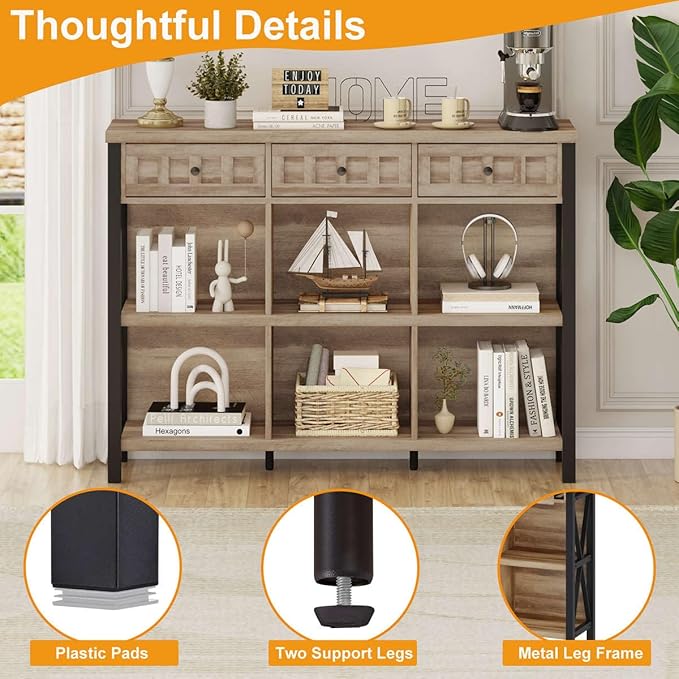 FATORRI Rustic 6 Cube Storage Organizer Shelf with 3 Drawers, Long Horizontal...