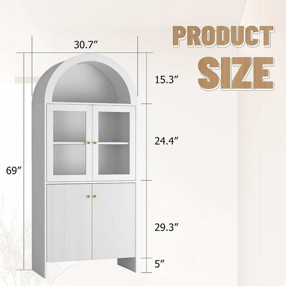 69" LED Tall Arched Kitchen Pantry Cabinet, Wood Kitchen Storage Hutch w...