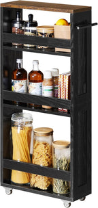 VASAGLE 4-Tier Slide-Out Storage Cart, Slim Kitchen Cart for Small Spaces, with Wheels, Handle, Bathroom, Laundry Room, 5.9 x 17 x 34.1 Inches, Ebony Black and Rustic Brown ULRC050K02