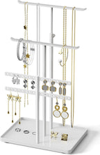 Jewelry Holder Organizer Stand - Adjustable Jewelry Tree 17.5" Height (Max), Jewlery Hanger for Necklaces, Bracelets, Earrings, Stainless, White