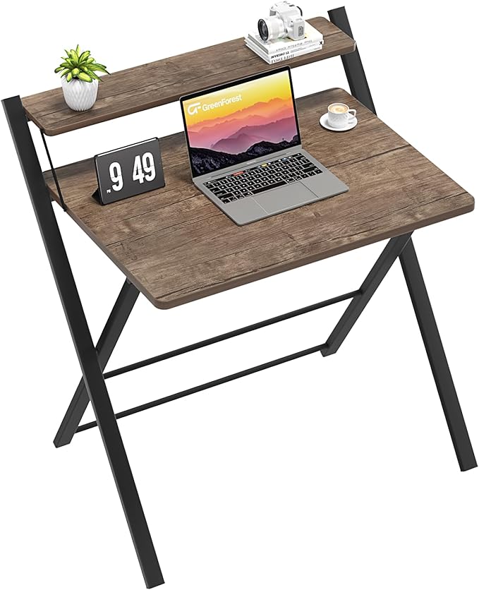 GreenForest No Assembly Folding Desk, 2-Tier Compact Computer Desk with Shelf, Space Saving Foldable Table for Home Office, Dorm or Apartment, Portable Collapsible Sturdy Laptop Desk, Brown