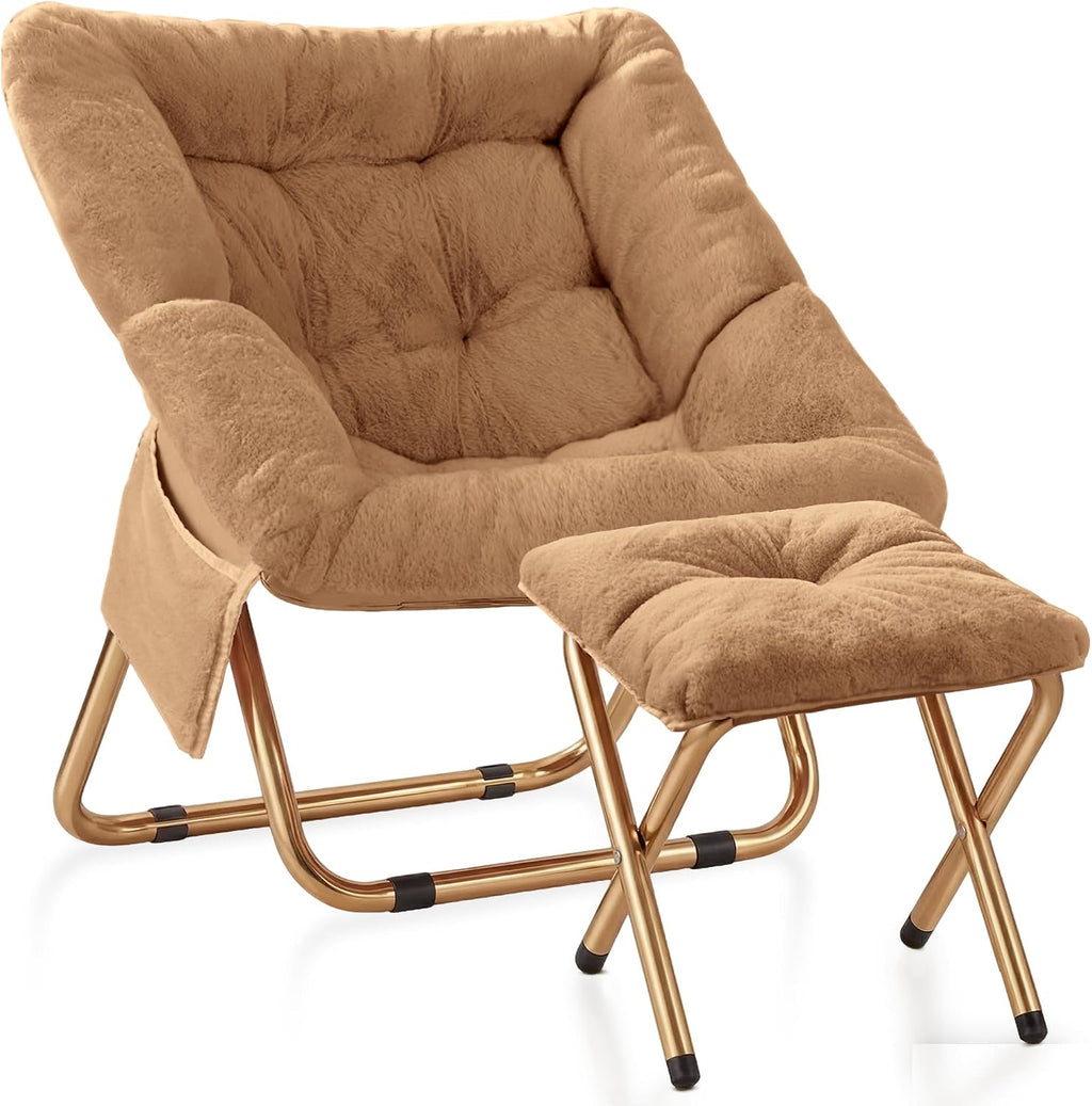 Kasunpul Comfy Saucer Chair, Foldable Living Room Chairs, Soft Faux Fur Lounge Chair for Bedroom, Reading Chairs for Adults, Teens, X-Large (Brown)