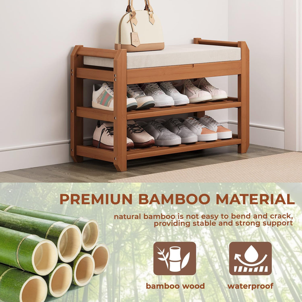 27.6" Bamboo Shoe Bench with Cushion, 2-Tier Storage Bench for Entryway,...