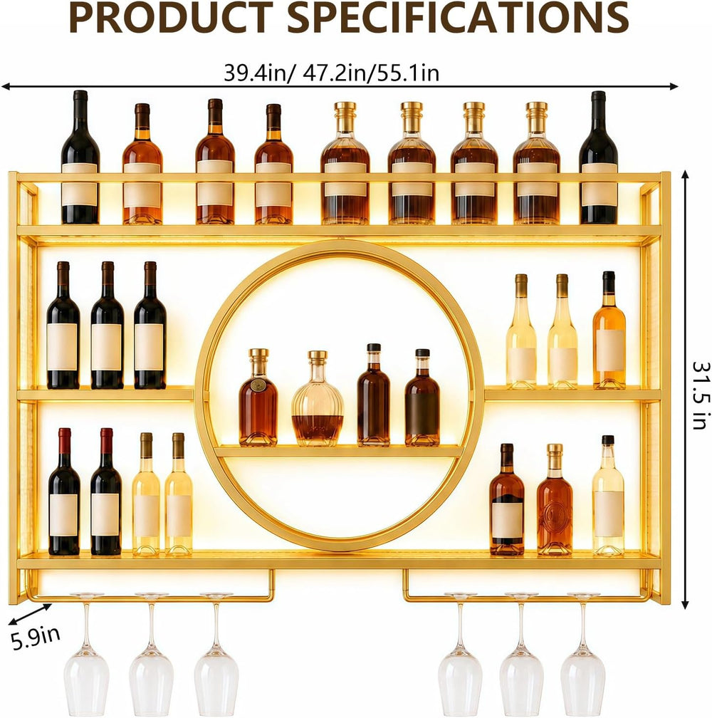 Wine Rack Wall Mounted with LED Lights - with Glass Holder, Gold | 3 Tier Met...
