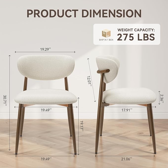Dining Chairs Set of 2, Curved Back Kitchen Room Chairs with Metal Legs and Anti Slip Pads, Upholstered Dining Chair for Home and Restaurant, Beige