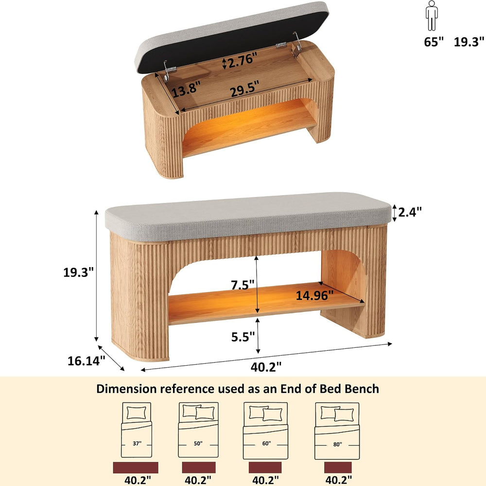 HOMEFORT 40.2" Fluted Storage Bench with Built-in LED Light, Flip-Top Sh...
