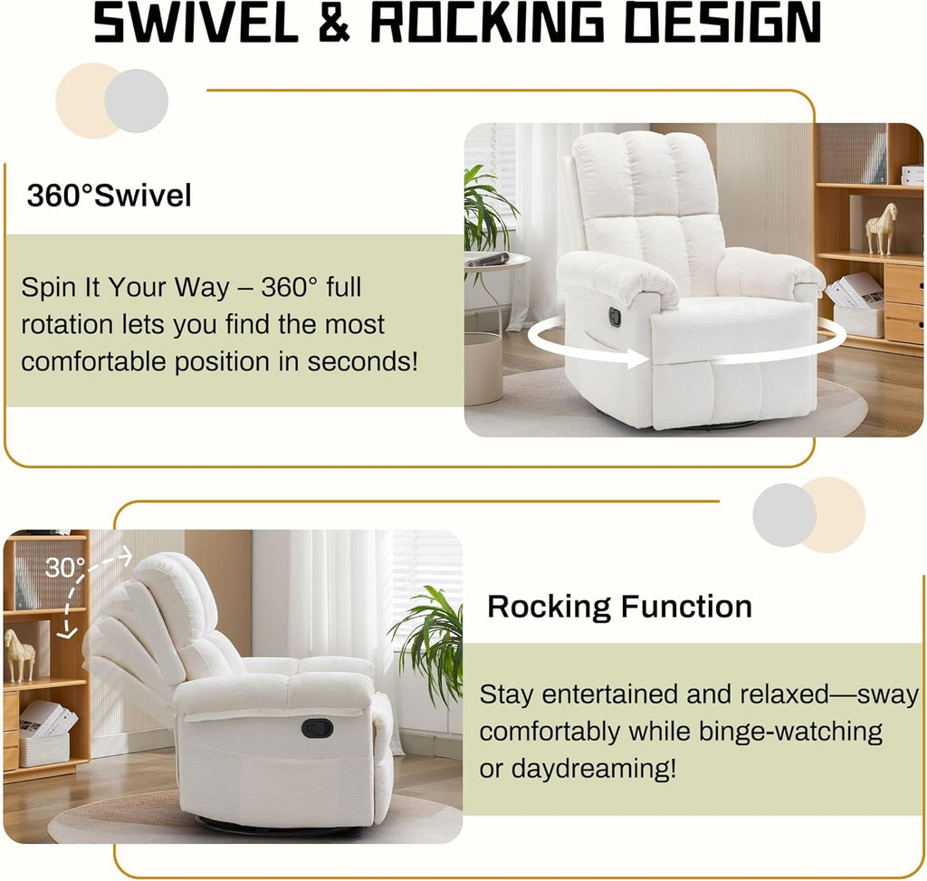Korser Recliner Chair, Swivel Rocker Recliner Chair for Adults, Small Recliners for Small Spaces, Upholstered Manual Recliner with Side Pockets, Nursery Rocking Chair for Living Room, Chenille, Beige
