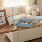 UnionBasic Small Jewelry Tray for Rings Watches Earrings, Entryway Catchall Caddy for Coins Keys Change, Nightstand Bedside Valet Holder, Trays for Electronic Gadgets, Lychee Pale Blue