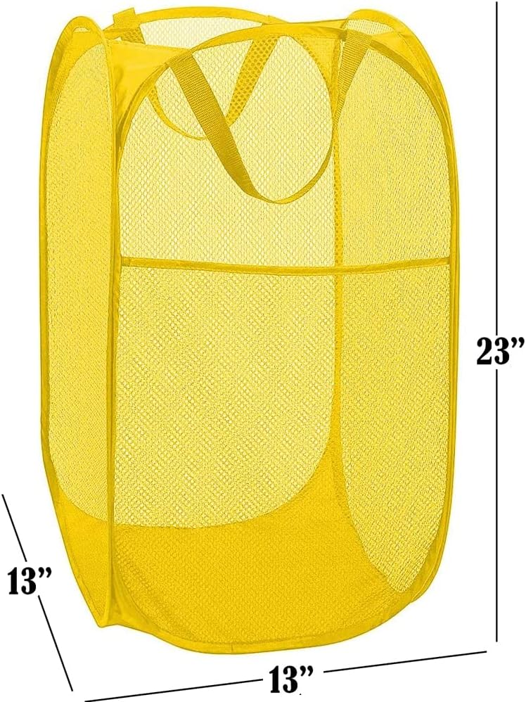 BATTOO Deluxe Strong Mesh Pop up Laundry Hamper Basket with Side Pocket for Laundry Room, Bathroom, Kids Room, College Dorm or Travel Yellow