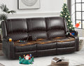 Recliner Sofa, 3 Seater Manual Reclining Sofa with 2-Tier Cushion, Reclining Couches for Living Room with Removable Console, Hidden Storage Space, Cup Holders - Brown