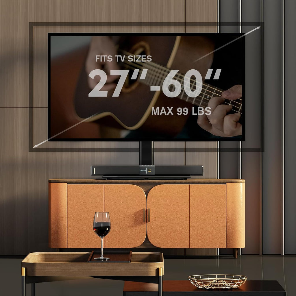 Universal Swivel/Table Top TV Stand 27 to 60 inch TVs 80 Degree Swivel, 4 Level Height Adjustable, Heavy Duty Tempered Glass Base, Holds up to 99lbs Screens, HT04B-001