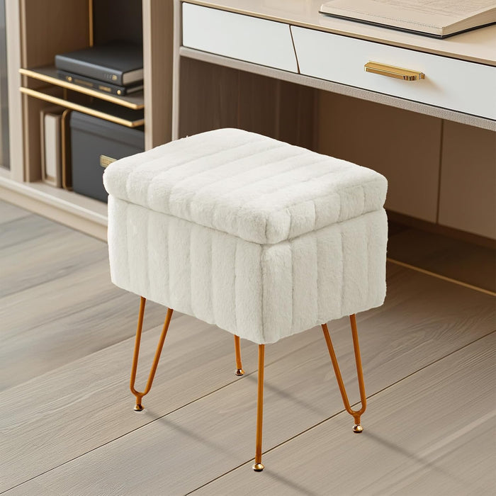 Sweetcrispy Vanity Stool Chair with Storage, Ottoman Faux Fur Soft Padded Makeup Footstools Seat with 4 Metal Legs Anti-Slip Adjustable Feet Modern Cute Small Footrest for Home Entryway Bedroom White