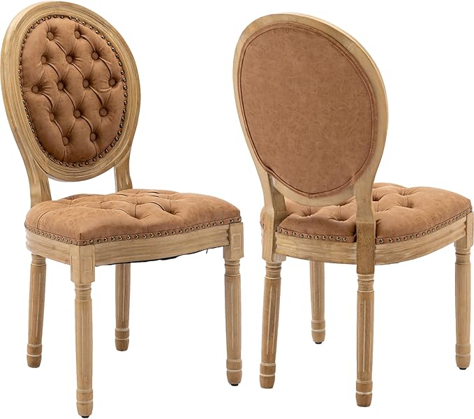 French Country Dining Chairs Set of 2, Caramel Kitchen & Dining Room Chairs, Faux Leather Kitchen Chairs, Tufted Upholstered, Wood Legs, Sillas De Comedor (PU, Amber, 2Pcs)