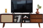Tiita TV Stand with Storage for TVs up to 65'', Bamboo Rattan TV Console Entertainment Center with 2 Open Shelf, Mid Century Modern Media Console for Living Room, Bedroom, Walnut