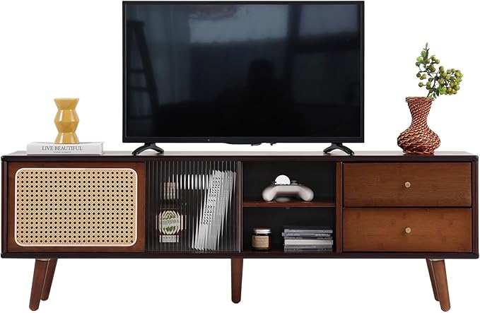 Tiita TV Stand with Storage for TVs up to 65'', Bamboo Rattan TV Console Entertainment Center with 2 Open Shelf, Mid Century Modern Media Console for Living Room, Bedroom, Walnut