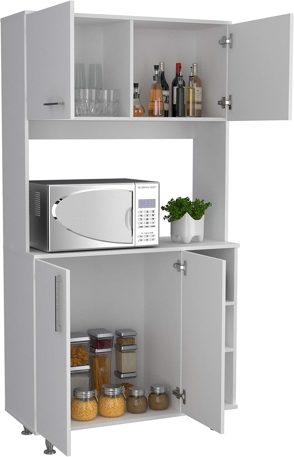 Modern Kitchen Pantry with 4 Legs, Double Door Cabinet, 3 Shelves, White, Par...