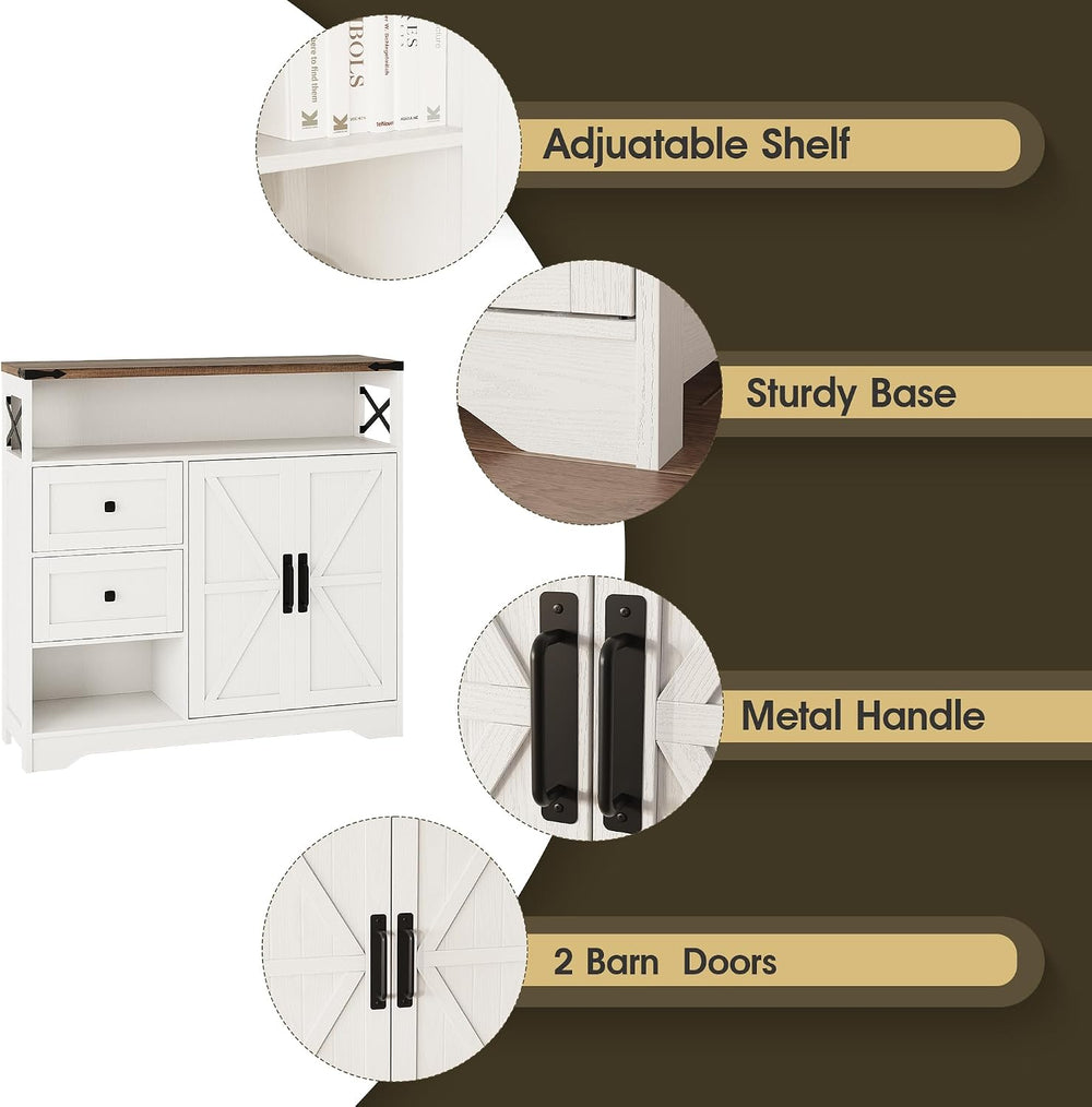 Fameill Farmhouse Storage Cabinet with Drawers and Open Storage, White