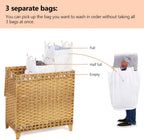 Laundry Hamper with 3 Removable Liner Bags; 132L Handwoven Rattan Laundry Basket with Lid & Heightened Feet; Clothes Hamper with Side Handles; Laundry Sorter with 3 Separate Sections (Natural)