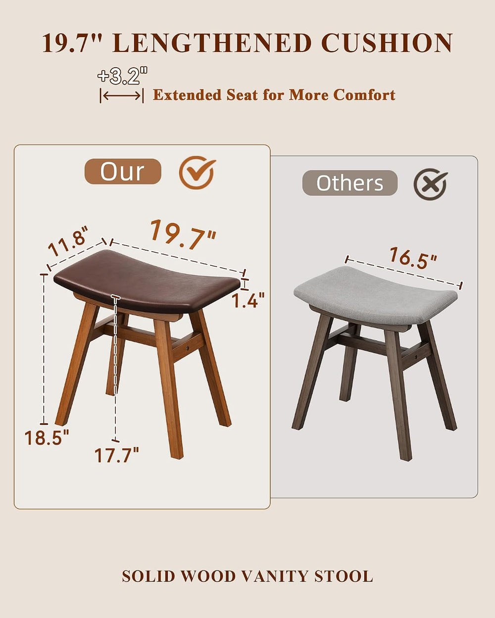 Solid Rubberwood Vanity Stool with Ergonomic Curved Seat, Vanity Bench | Upho...