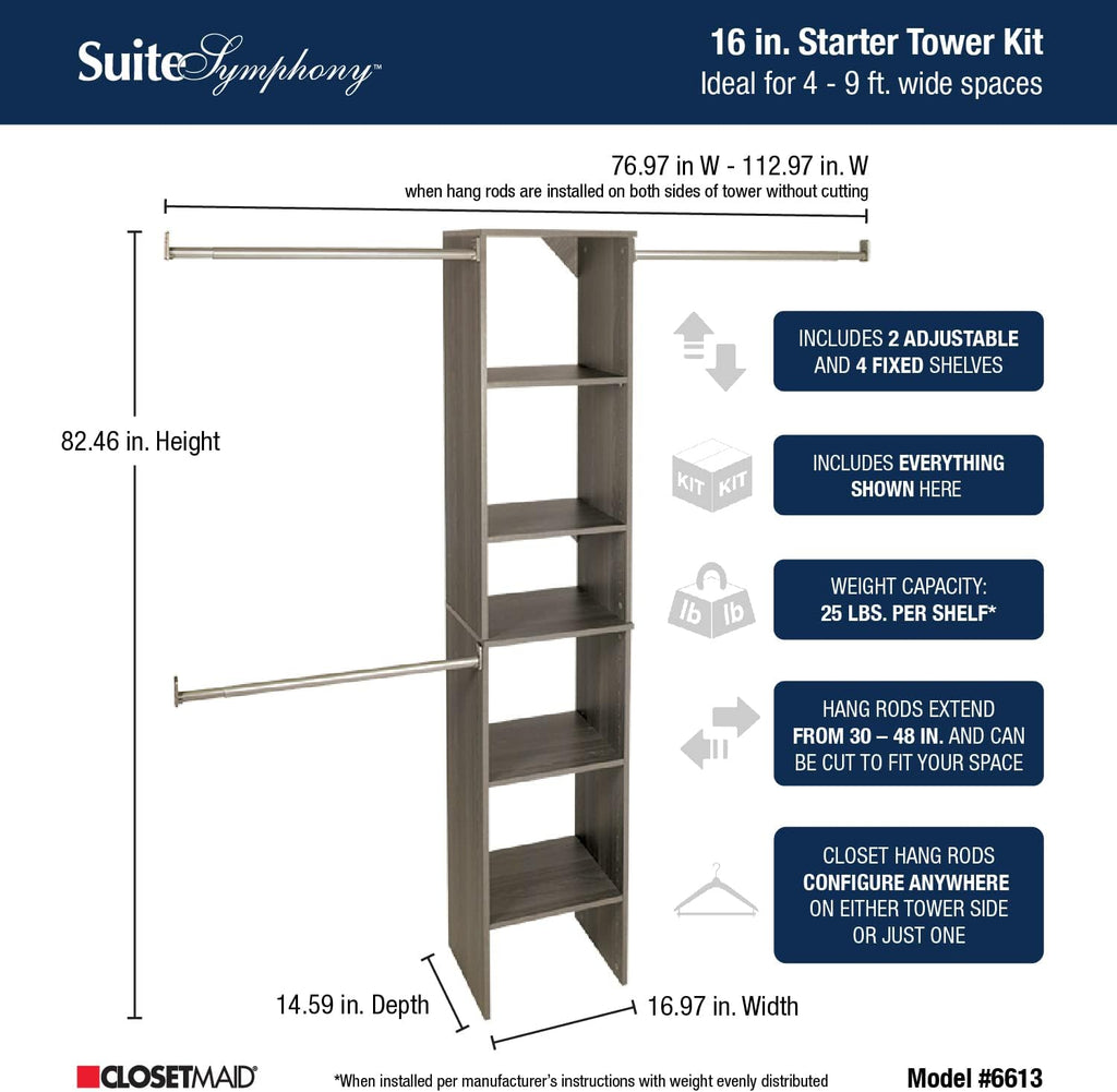 ClosetMaid SuiteSymphony Wood Closet Organizer Starter Kit with Tower and 3 Hang Rods, Shelves, Adjustable, Fits Spaces 4 – 9 ft. Wide, Graphite Grey