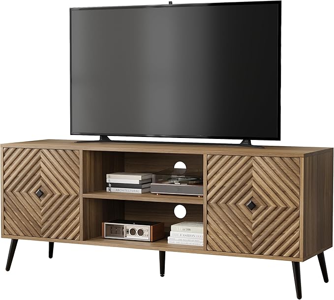 Smuxee Walnut TV Stand with Fluted Diamond Doors, 55.12" Mid Century Modern TV Media Console for TVs up to 65", TV Cabinet with Adjustable Shelf & 2 Cabinets for Living Room