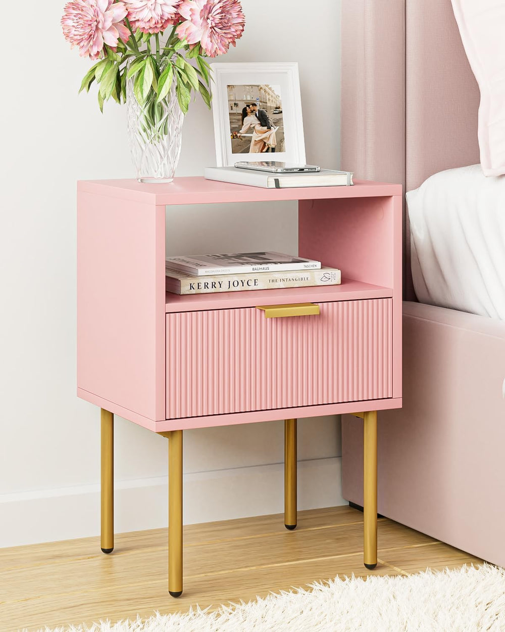 Nightstand,Morden Bedside Table with Gold Frame,Small Night Stand,End Table,B...