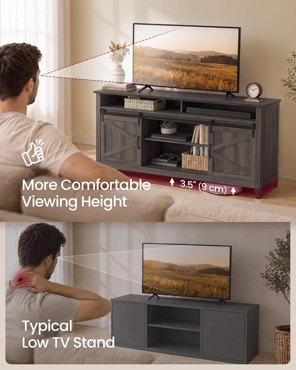 VASAGLE Tall Farmhouse TV Stand, Entertainment Center with Barn Doors, Storage Media Console Cabinet for Living Room, Bedroom, 58.3 x 15.7 x 31.9 Inch, Taupe Brown, LIRY Collection ULTV031T101S