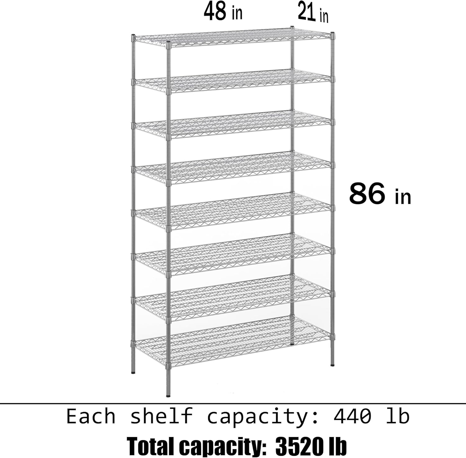 21" Deep x 48" Wide x 86" Height Wire Shelving Kit | 8-Tier | NSF Commercial Storage Rack Unit