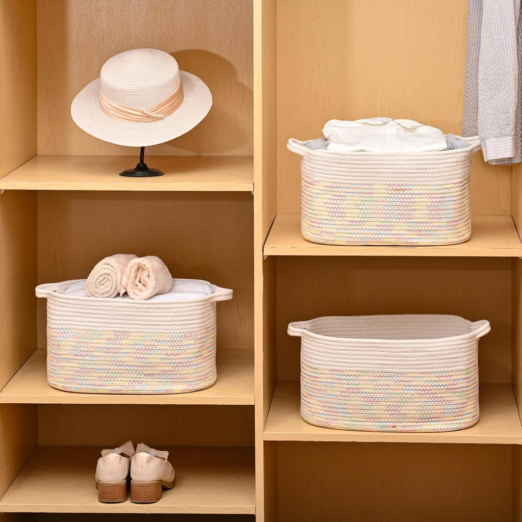 DUHEL Cotton Rope Woven Storage Basket, Used for Baby Hamper Toy Organizer, Gift Baskets Empty,Kids Laundry Basket,Baby Blanket Basket. Size 15x10x8.7 Inches. (White&Colored Stitching-3Pcs)