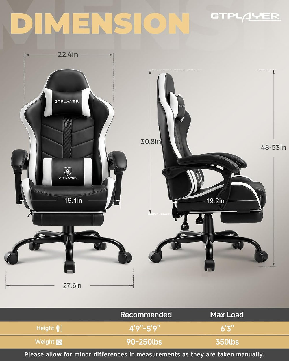 GTPLAYER Gaming Chair for Adults, Computer Chair with Footrest, Snow White | ...
