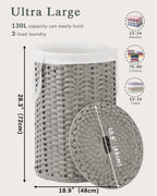 Large Laundry Hamper Laundry Basket Round 34.3 Gal (130 L) Handwoven Wicker Laundry Baskets Rattan Laundry Basket with Laundry Bag Handles 2 Mesh Bags for Living Room Bedroom Gray