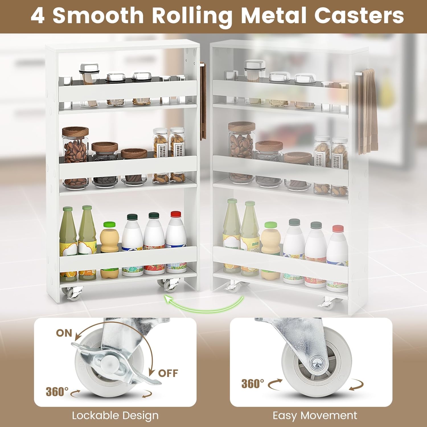 MAT EXPERT Slim Rolling Storage Cart, 4-Tier Freestanding Slim Storage Cart with Wheels 360 Degree & Metal Handle, Wooden Utility Cart for Narrow Kitchen, Laundry Room, Bathroom (Plain White)