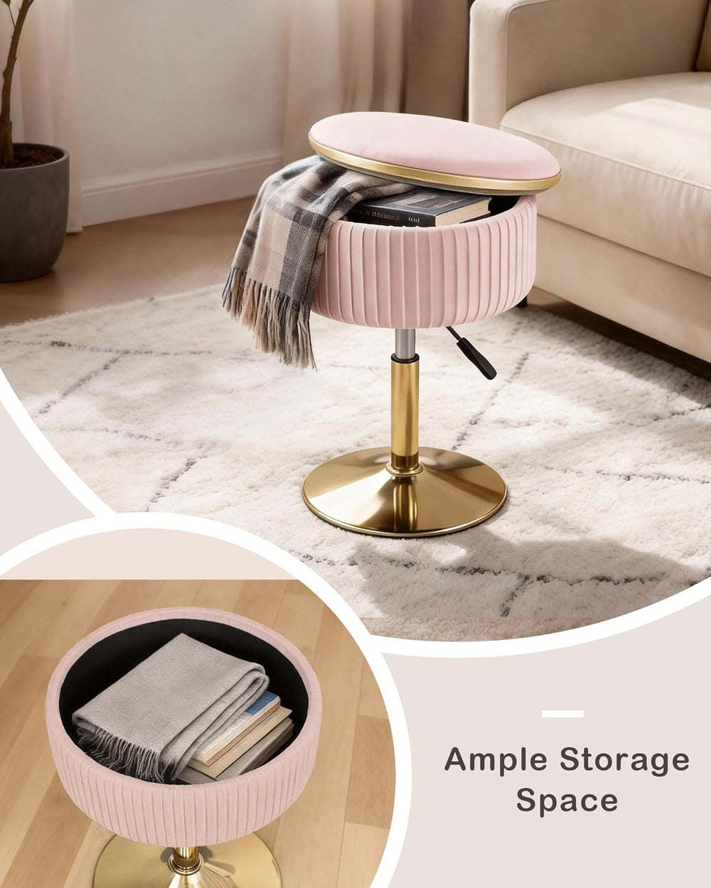 LITZFUR Adjustable Vanity Stool with Storage, 360° Swivel Gold Chair, Velvet ...
