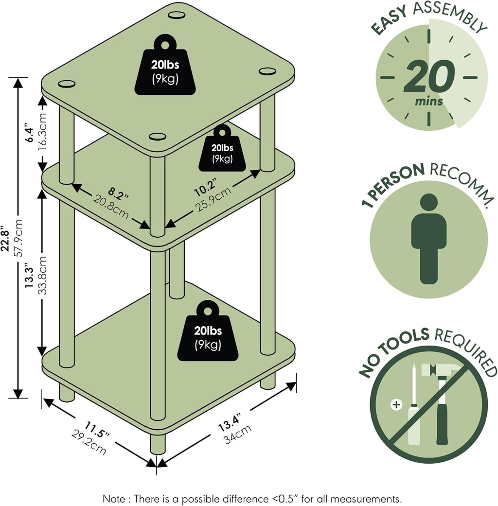 Furinno JUST Side Table, 3-Tier End Table, Open Shelves Night Stand, Bedside Table, Toolless Assembly, for Living Room, Bedroom, Bathroom, Sage Green