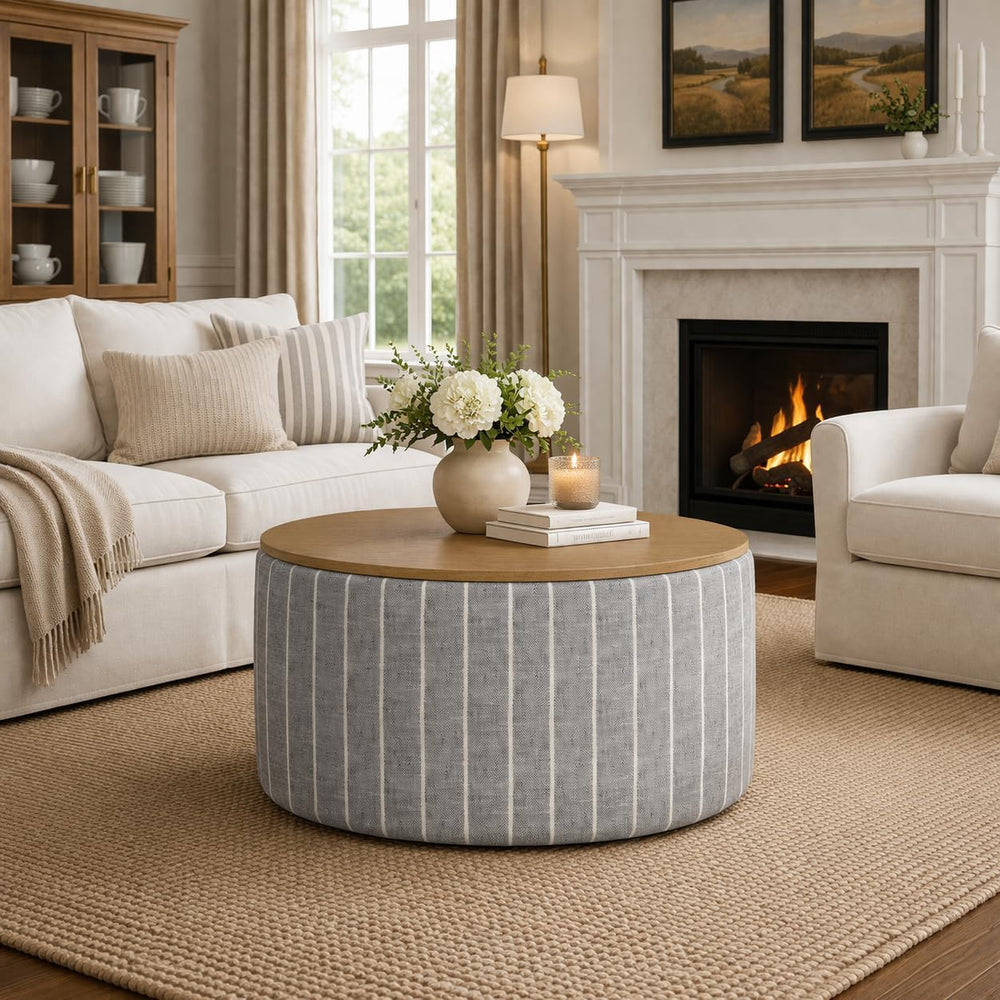 HomePop Modern Fabric Storage Ottoman with Wood Top - Midnight Gary Woven Stripe