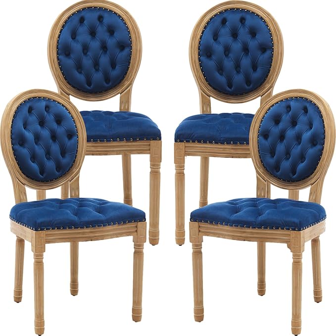 French Country Dining Chairs Set of 4, Blue Kitchen & Dining Room Chairs, Velvet Kitchen Chairs, Tufted Upholstered, Wood Legs, Sillas De Comedor (Velvet, Blue, 4 Pcs)