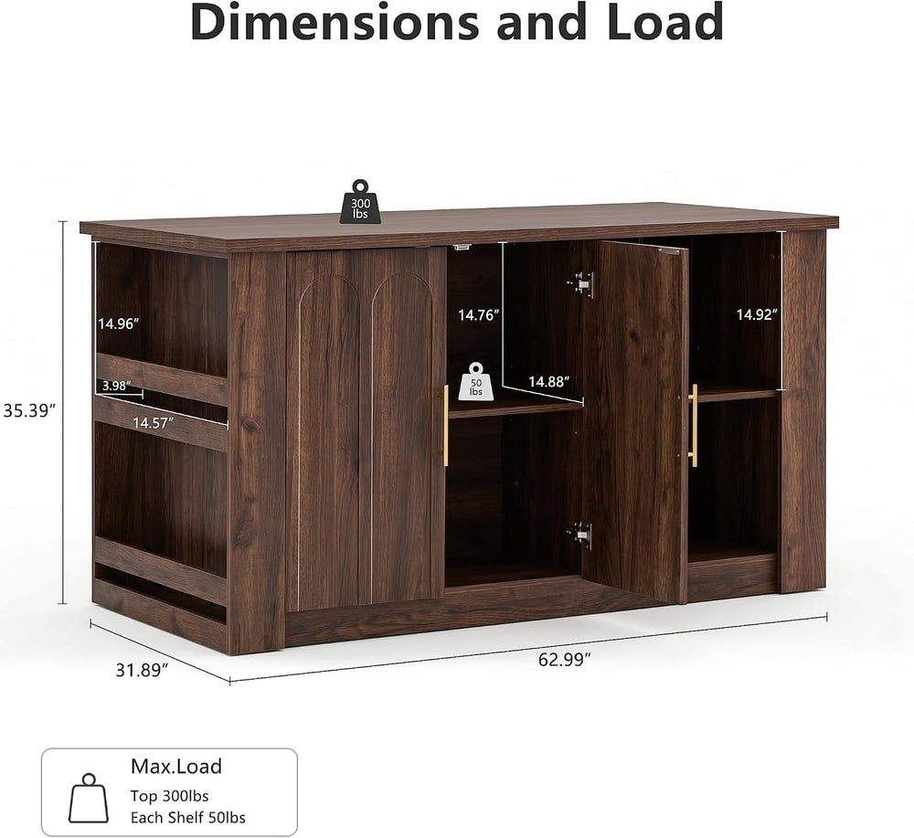FORTUNETEC 62.9" Large Kitchen Island with Storage, Arched Doors, Walnut...