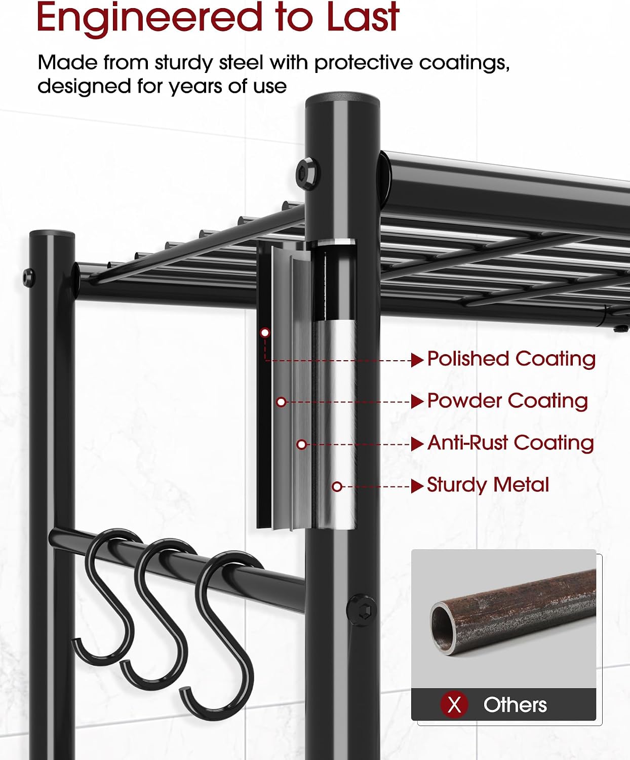 Sakugi Storage Shelves - 4-Tier Spacious Shelf Organizer with Hooks & Leveling Feet, Easy to Assemble, Rust-Resistant Garage Shelving for Kitchen, Pantry, Bedroom, 33.2" x 12.7" x 57.3", Black