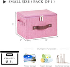 Storage Bins with Zipper Lids Decorative Lidded Baskets Boxes | Clothes Container, Closet Shelf Organizer, Foldable Washable, Cotton Linen Fabric, w/ PU Leather Handles, Pink, Small