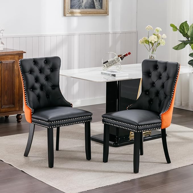 Dining Chairs Set of 2, Upholstered Tufted Dining Room Chairs with High Back, Nailhead Trim and Solid Wood Legs, Modern Dinning Chairs for Dining Room, Black Pu Leather Splicing Orange Velvet