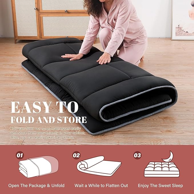 WhatsBedding Japanese Floor Mattress Futon Mattress 3" Black Tatami Mat Shredded Memory Foam Filled Sleeping Pad, Foldable & Portable Roll Up Lounger Camping Bed for Kids and Adult,Queen Size 60"x 80"