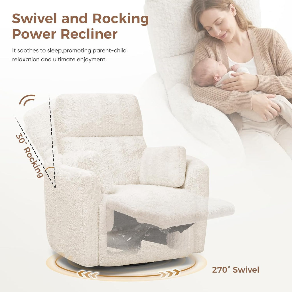 Power Swivel Rocker Recliner, Large Nursery Glider, USB A&C, Beige | Fluffy Plush Nursery Chair w/ 2 Pillows, USB and Type-C Ports, Night Light,for Living Room,Bedroom,Nursery