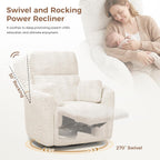 Power Swivel Rocker Recliner, Large Nursery Glider, USB A&C, Beige | Fluffy Plush Nursery Chair w/ 2 Pillows, USB and Type-C Ports, Night Light,for Living Room,Bedroom,Nursery