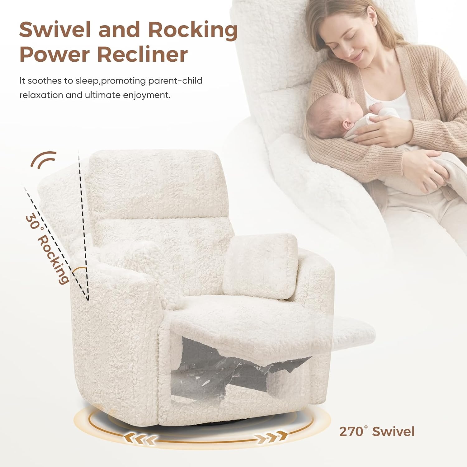 Power Swivel Rocker Recliner, Large Nursery Glider, USB A&C, Beige | Fluffy Plush Nursery Chair w/ 2 Pillows, USB and Type-C Ports, Night Light,for Living Room,Bedroom,Nursery